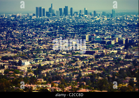 Los Angeles urban sprawl & downtown skyline as seen from a distance from scenic overlook at Griffith Observatory on Mt Hollywood Stock Photo