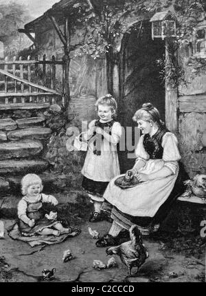 Children playing with chickens in a yard, historical illustration, ca. 1893 Stock Photo