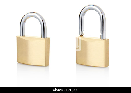 Padlock open, closed isolated  on white Stock Photo