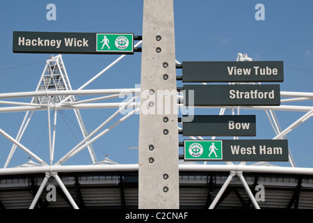 Signpost of The GReenway with the nearly completed (in Apr 2011) London 2012 Olympic Athletics Stadium, Stratford, East London. Stock Photo