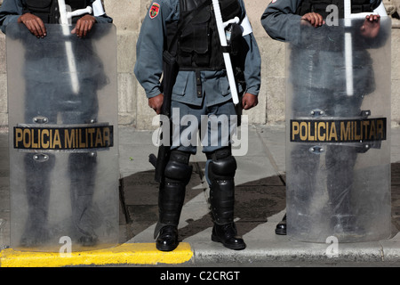 Military police with riot shields on guard for Independence Day , La Paz , Bolivia