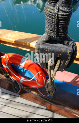 wooden block and life ring on The Matthew Sailing Ship Stock Photo