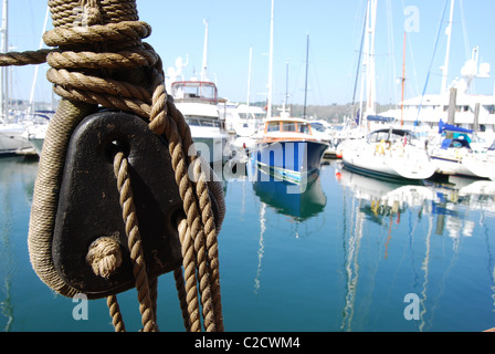 Wooden Block on the replica Tudor sailing ship The Matthew Stock Photo