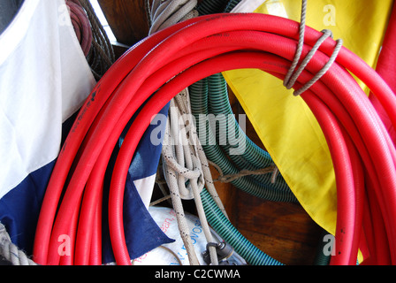Ropes and hoses below deck on The Matthew Stock Photo