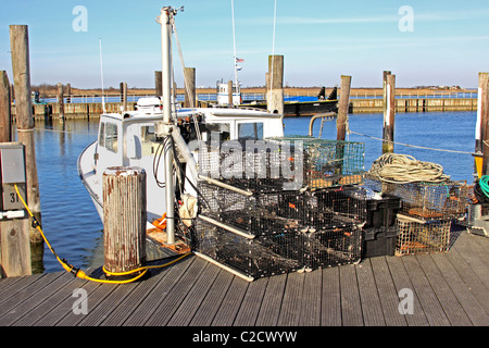Lobster traps on dock, Captree boat basin, Long Island, NY Stock Photo