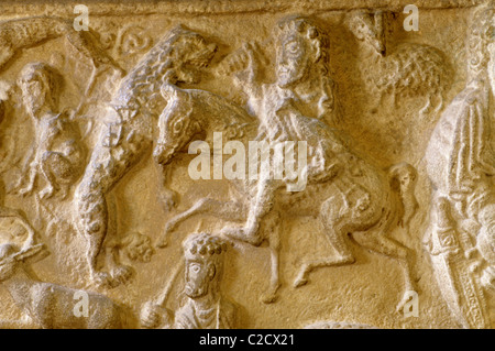 St. Andrews Cathedral, Saxon sarcophagus, detail of carving, biblical hunting scene Scottish stone carvings Scotland UK scenes Stock Photo