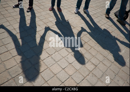 Paris, France, Shadows, Human Chain Group People's Shadows on Ground, Pubic Holding hands, Symbol