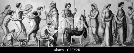 Life in ancient Greece, from left: childhood, gymnastic exercises, studies, teacher, hospitality, marriage, historical illustrat Stock Photo