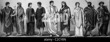 Fashion, costumes from ancient times, from left: two Etruscan costumes, Roman women's costume, tunic, toga, Roman women's costum Stock Photo