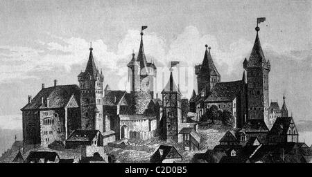 Castle of Nuremberg, Bavaria, Germany, view from the 15th Century, historical illustration Stock Photo