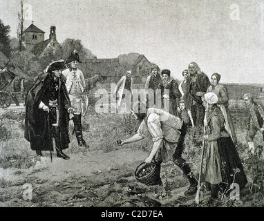 Frederick the Great (1712-1786), King of Prussia (1740-1786), visiting farmers as they work their land. Stock Photo