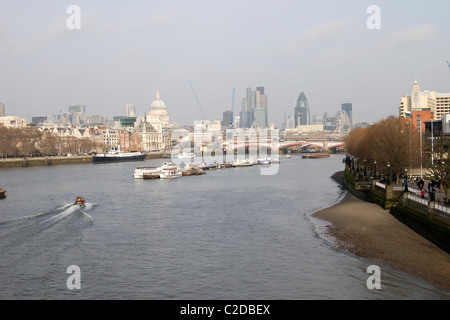 London. England. The River Thames looking East from Waterloo Bridge towards City of London. The South Bank on the right. Stock Photo