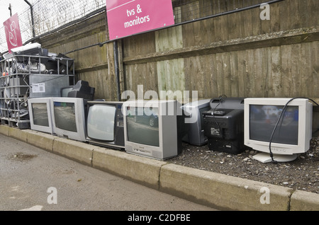 Televisions and computer monitors at a recycling depot in North Yorkshire. Stock Photo
