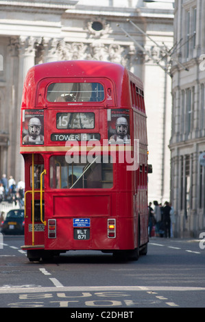 Red double decker Routemaster bus rear view, seen outside St Paul's Cathedral, London, England. Stock Photo