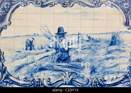 Alentejo farming scene depicted in tiles (azulejos) at Marble Museum, Vila Viçosa, Portugal Stock Photo