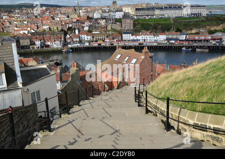 A view from the top of the 199 steps in Whitby, North Yorkshire. Stock Photo