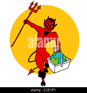An image of a devil holding the world in a basket. Stock Photo
