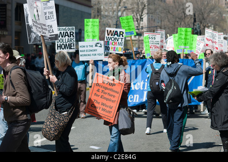 Several thousand peace activists march down Broadway from Union Square in New York Stock Photo