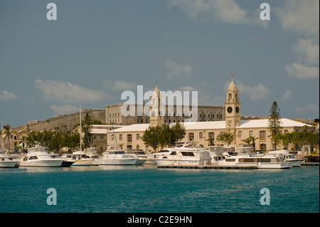 Harbour, Clock Tower building and barracks building at the Royal Naval Dockyards, Sandys Parish, Ireland Island, Bermuda. Stock Photo