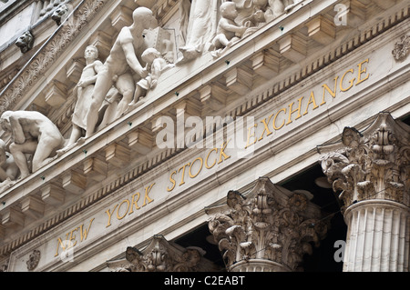 New York Stock Exchange building detail at Wall Street, Lower Manhattan, New York City, USA, Financial District, Stock Photo