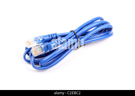 Blue UTP network cable isolated on white background. Studio shot. Stock Photo