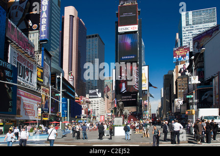 Northern side Two Times Square electronic billboard building with blue sky background, Manhattan, New York City, USA Stock Photo
