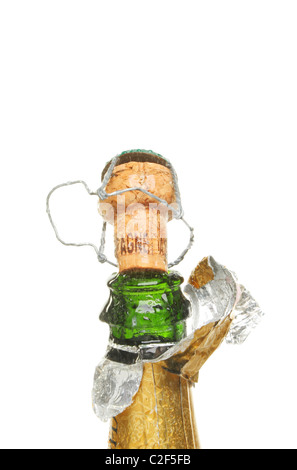 Champagne bottle and cork with water droplets isolated against white Stock Photo