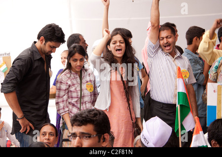 Young adult supporters in Anna Hazare's anti corruption rally at Azad Maidan in Mumbai (Bombay), Maharashtra, India. Stock Photo