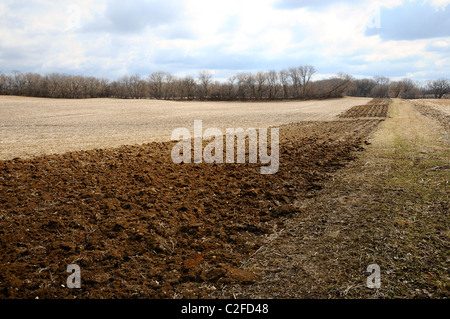 Partially tilled farm field in Illinois, USA. Stock Photo