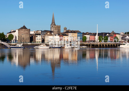View over River Suir to Reginald's Tower, Holy Trinity and Christ Church Cathedrals Stock Photo