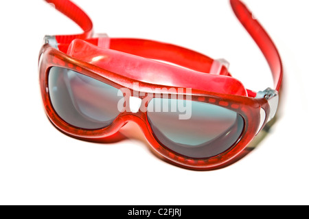 Pair of large red swim goggles isolated on white. Stock Photo