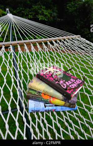 Stack of books best sellers Candace Bushnell Jane Smiley Allegra Goodman John Verdon hammock summer reading glasses spectacles Stock Photo