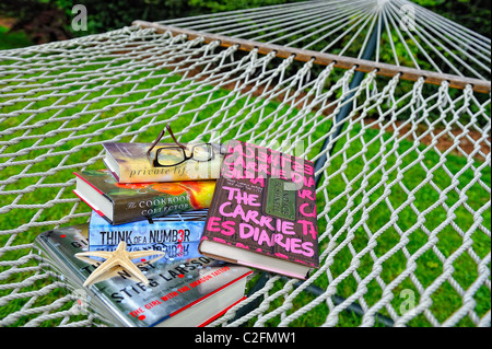Pile of books best sellers by Stieg Larsson Candace Bushnell Jane Smiley Allegra Goodman John Verdon on hammock summer reading Stock Photo