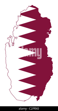 Illustration of the Qatar flag on map of country; isolated on white background. Stock Photo
