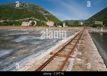 Salt fields in town Ston on peninsula Peljesac, Dalmatia, Croatia Stock Photo