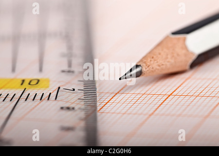 Engineering drawing equipment, Millimeter paper, ruler and pencil Stock Photo