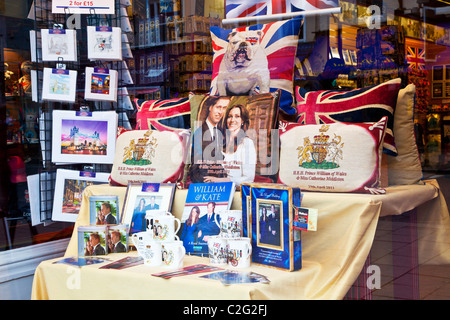 Display of Royal Wedding, William and Kate, souvenirs,memorabilia and gifts in a shop or store window in Windsor, England, UK Stock Photo