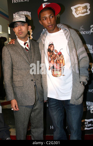 Pharrell Williams and designer Nigo at the launch of Pharrrell's new  footwear and apparel range at the Sanderson Hotel in London's West End. The  producer / artist of Neptunes and N.E.R.D, has