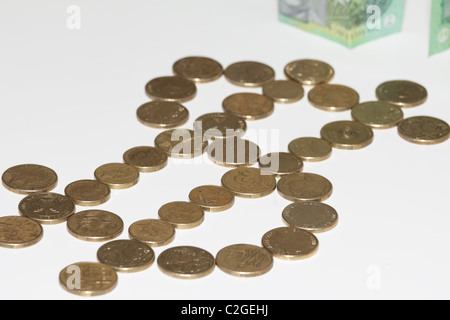 Dollar Sign with Australian GOld Coins, Diagonal with One Hundred Notes in the background, on White Stock Photo