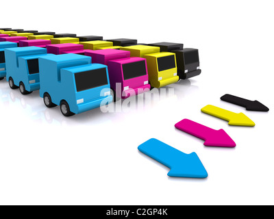 CMYK cars with arrows. 3D Stock Photo