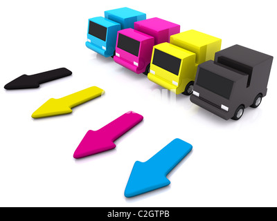 CMYK cars with arrows. 3D Stock Photo