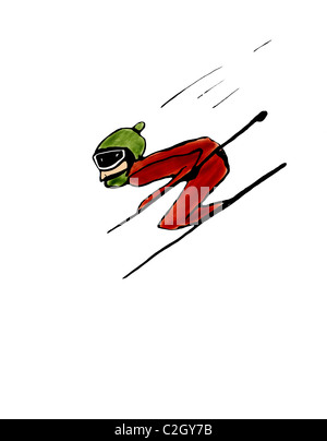 A skier with a green hat and red outfit, going downhill from a slope. Stock Photo
