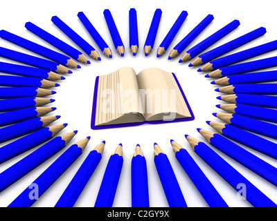 blue pencils around open book.3d Stock Photo