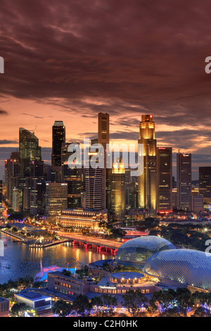 Singapore, Aerial view of Singapore Skyline and Esplanade Theathre Stock Photo