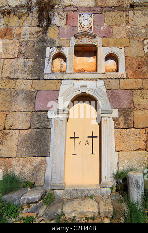 Locked and sealed door of medieval monastery in Mani, Lakonia, Greece Stock Photo