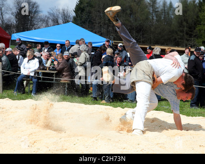 Swiss wrestling athletes fight for victory by throwing their opponent on his back April , Bonstetten, Switzerland Stock Photo