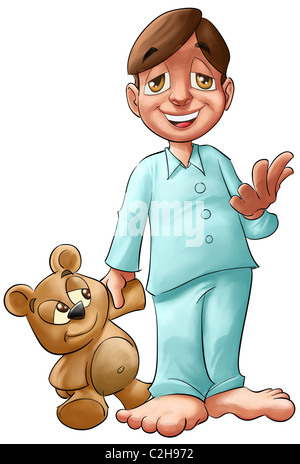 happy boy with a smart teddy bear in his going to bed Stock Photo