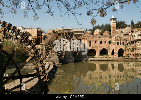 Hama Water Mill Noria 20 meter high Syria Orontes River build in Ottoman Mamluk times Greeks Romans invented the water wheel Stock Photo