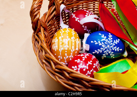 Color Painted Easter Eggs in the Basket Stock Photo