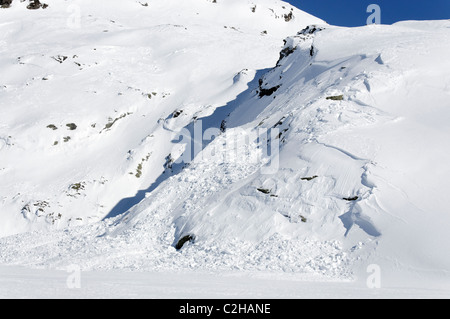 Windslab avalanche and debris in the Haute Maurienne, French Alps. Stock Photo